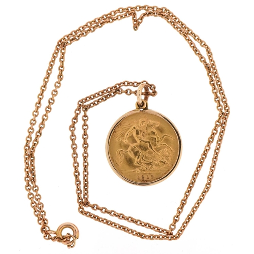 3006 - 1912 gold half sovereign mounted with a 9ct gold mount and chain, total weight 8.3g