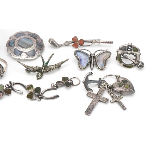 3344 - Small group of silver jewellery including an Indian bangle, five brooches, charm bracelet and a past... 