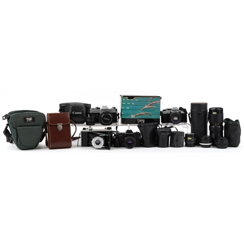 1481 - Vintage and later cameras, lenses and accessories including Canon FTB, Pentax P3 and Olympus OM20 Ph... 