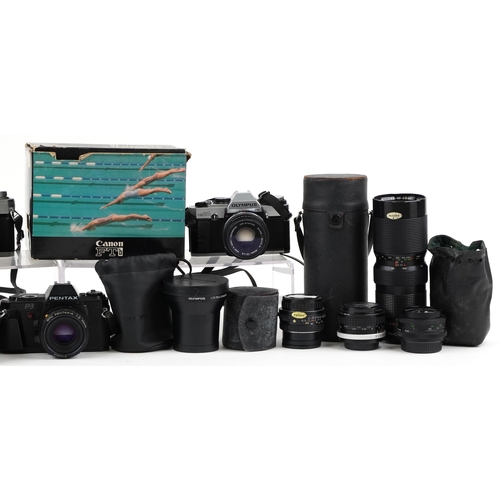 1481 - Vintage and later cameras, lenses and accessories including Canon FTB, Pentax P3 and Olympus OM20 Ph... 