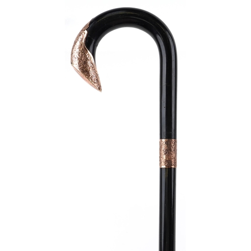 218 - George V ebonised walking stick with 9ct gold mounts, London 1926, 92cm in length