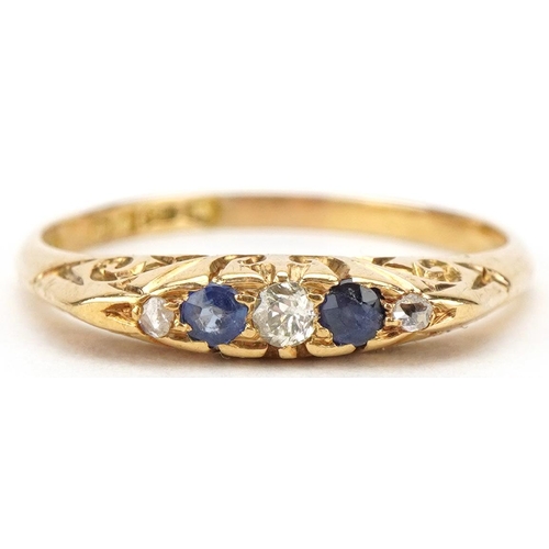 3287 - George V 18ct gold diamond and sapphire five stone ring with ornate setting, London 1917, size P, 2.... 