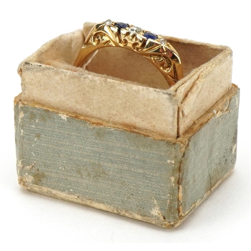 3287 - George V 18ct gold diamond and sapphire five stone ring with ornate setting, London 1917, size P, 2.... 