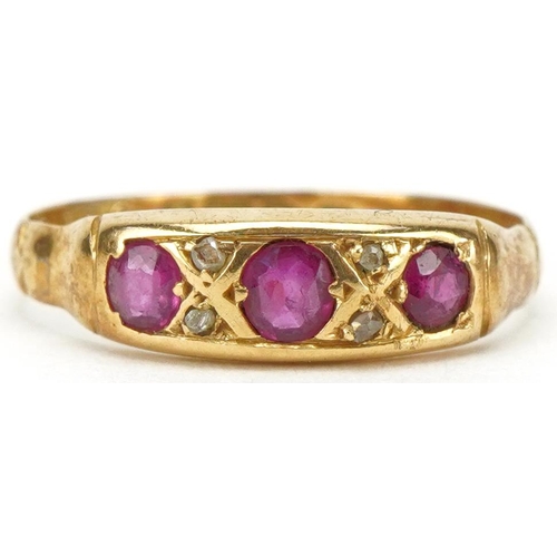 3238 - Edwardian 18ct gold diamond and pink spinel ring set with seven stones, size K/L, 1.7g