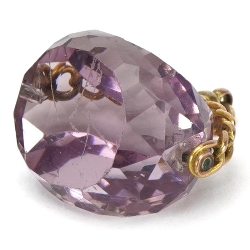 3073 - Large 9ct rose gold facet cut amethyst spinner fob, 2.8cm wide, 12.0g