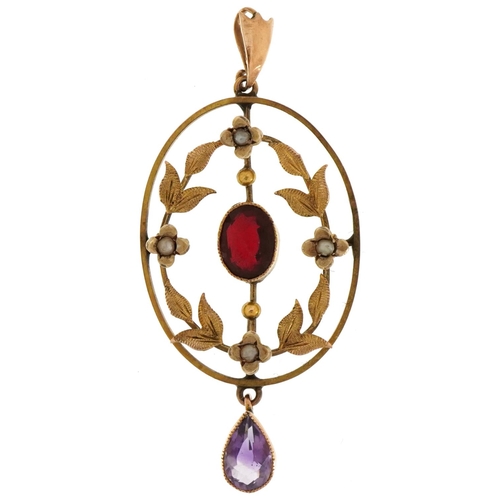 3061 - Edwardian 9ct gold openwork pendant set with garnet, amethyst and seed pearls, 4.5cm high, 2.6g