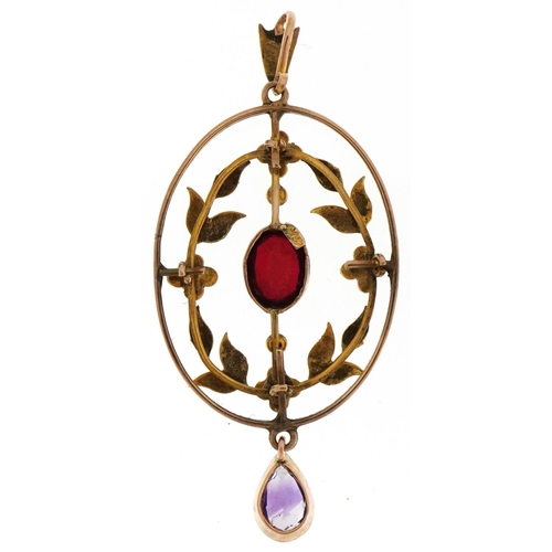 3061 - Edwardian 9ct gold openwork pendant set with garnet, amethyst and seed pearls, 4.5cm high, 2.6g