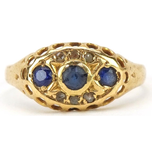 3261 - Antique 18ct gold ring set with diamonds, white sapphires, blue sapphires and a central blue stone, ... 