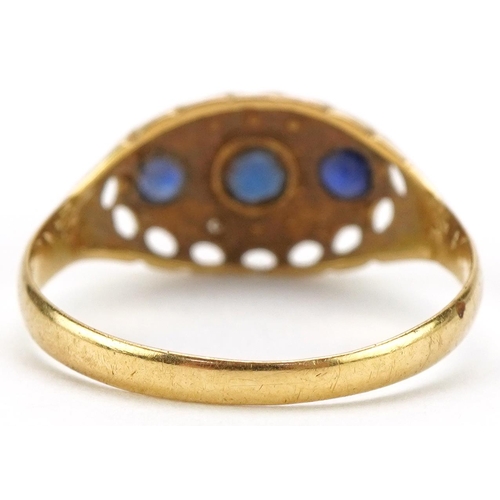 3261 - Antique 18ct gold ring set with diamonds, white sapphires, blue sapphires and a central blue stone, ... 