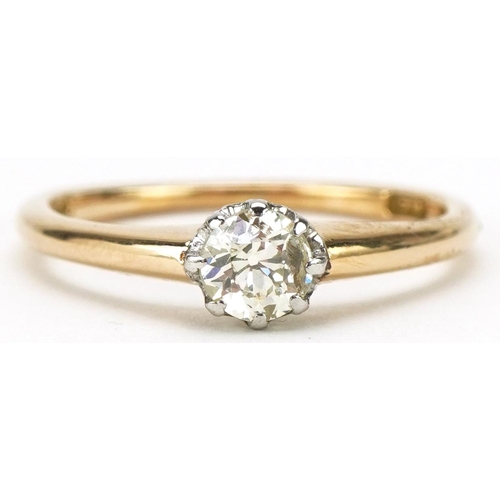 3054 - 18ct gold diamond solitaire ring, the diamond approximately 0.38 carat, size L/M, 2.4g