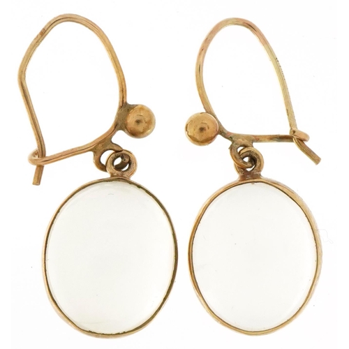 3097 - Pair of 9ct gold cabochon moonstone drop earrings, 2.6cm high, total 2.7g