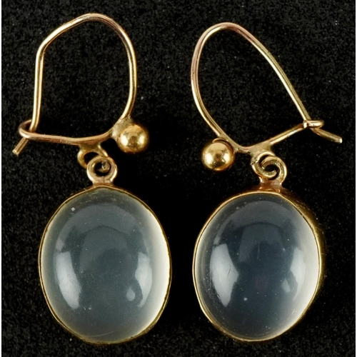 3097 - Pair of 9ct gold cabochon moonstone drop earrings, 2.6cm high, total 2.7g