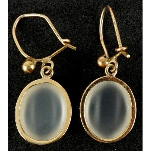 3097 - Pair of 9ct gold cabochon moonstone drop earrings, 2.6cm high, total 2.7g