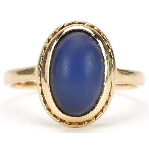 3082 - 9ct gold cabochon blue stone ring, size I, 2.1g