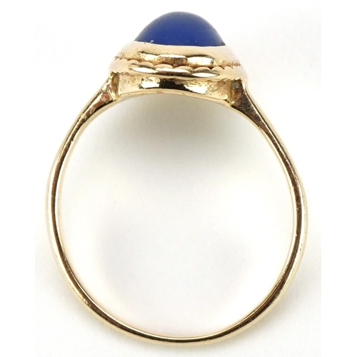 3082 - 9ct gold cabochon blue stone ring, size I, 2.1g