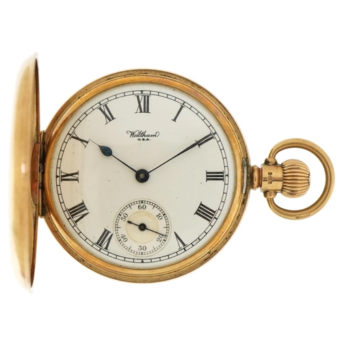 3004 - Waltham, gentlemen's 9ct gold full hunter pocket watch having enamelled and subsidiary dial with Rom... 