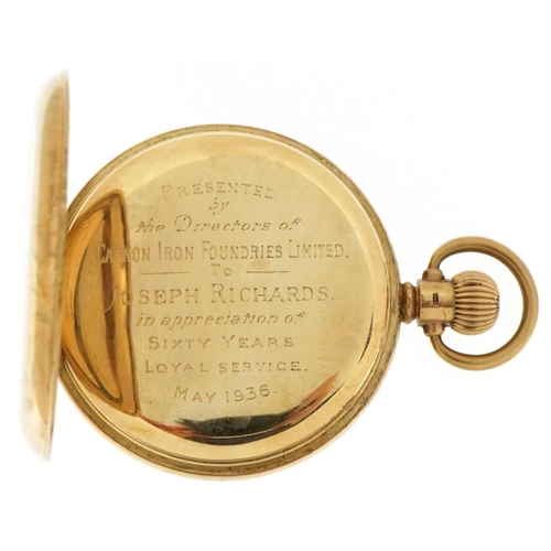 3004 - Waltham, gentlemen's 9ct gold full hunter pocket watch having enamelled and subsidiary dial with Rom... 