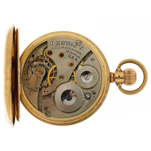 3004 - Waltham, gentlemen's 9ct gold full hunter pocket watch having enamelled and subsidiary dial with Rom... 