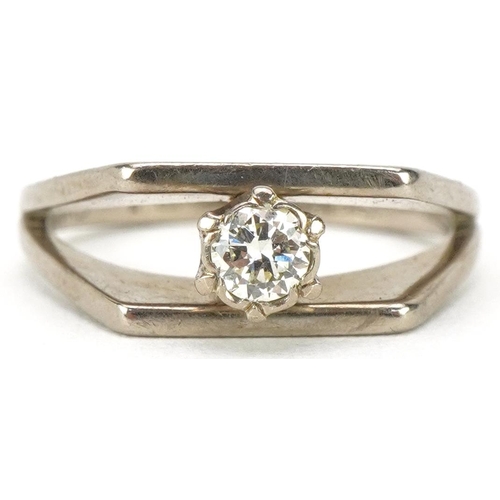 3251 - Unmarked white gold diamond solitaire ring, the diamond approximately 3.50mm in diameter x 2.10m dee... 