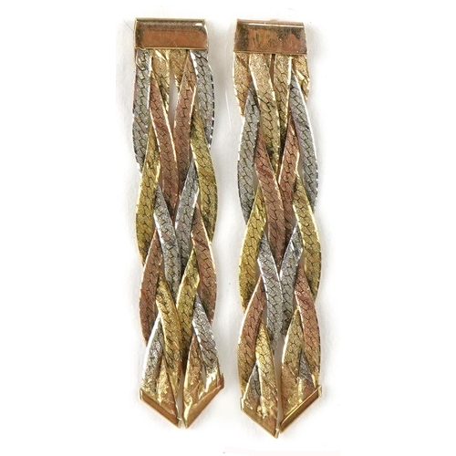 3313 - Pair of 9ct three tone gold weave design drop earrings, 3cm high, total 1.2g