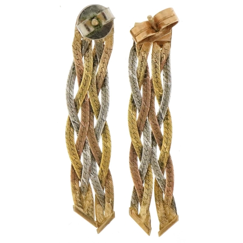 3313 - Pair of 9ct three tone gold weave design drop earrings, 3cm high, total 1.2g