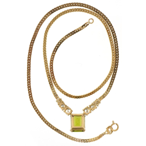 3009 - 9ct gold S link necklace set with green and clear stones, 40cm in length, 6.7g