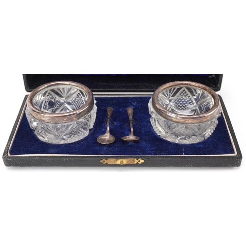 475 - Pair of George V silver mounted and cut glass salts, Chester 1924, cased