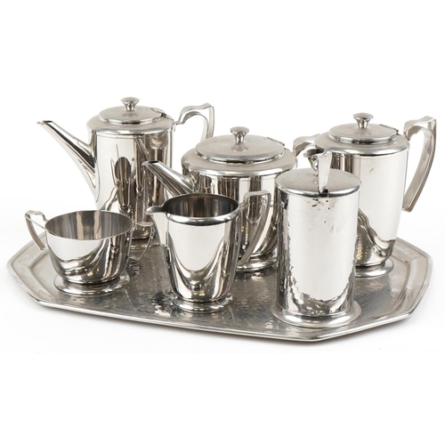 1402 - An 'Old Hall' stainless steel six piece tea set and tray, the tray 45cm wide