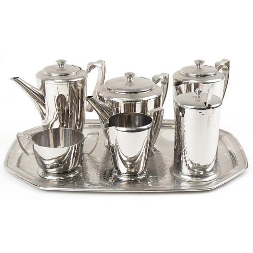 1402 - An 'Old Hall' stainless steel six piece tea set and tray, the tray 45cm wide