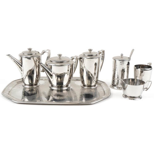 1402 - An 'Old Hall' stainless steel six piece tea set and tray, the tray 45cm wide