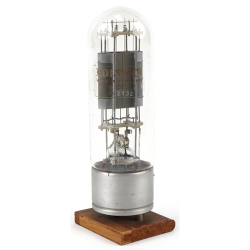 1421 - Ediswan V I405 transmitting triode bayonet tube valve mounted on a later wooden base, 31cm high