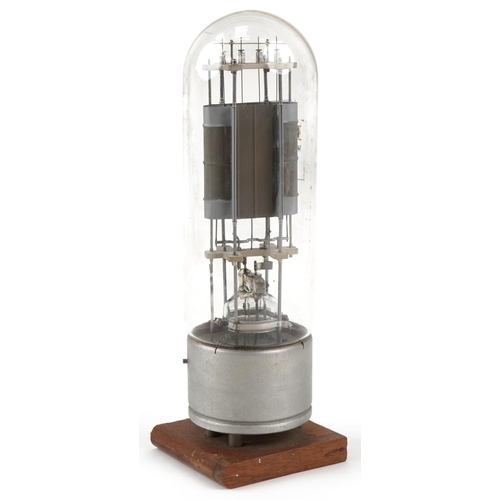 1421 - Ediswan V I405 transmitting triode bayonet tube valve mounted on a later wooden base, 31cm high