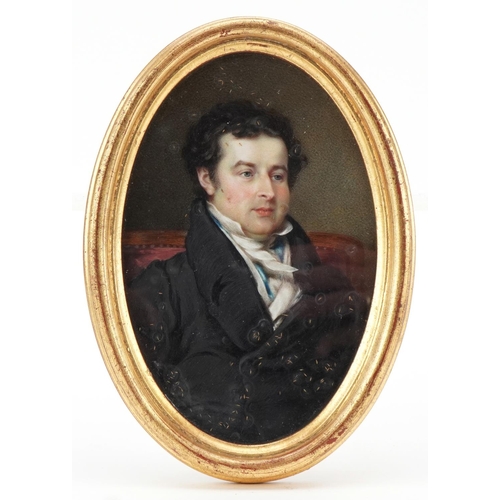 361 - Late 18th century oval half-length portrait miniature of a gentleman, watercolour on paper within a ... 