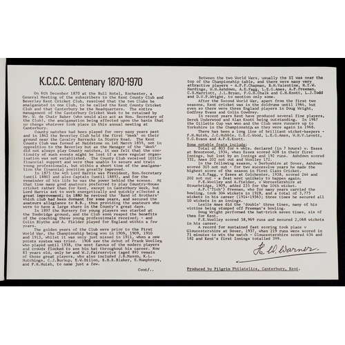 2395 - Kent County Cricket Club Centenary cover 1870-1970 signed by the team to include Derek Underwood, St... 