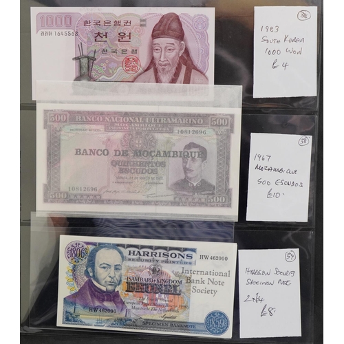 2251 - Green album containing vintage banknotes to include North Korea 1978, Bank of Ireland one pound note... 