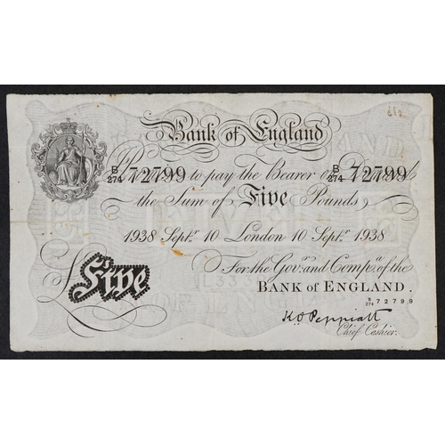 2214 - White Bank of England five pound note, dated September 10th 1938