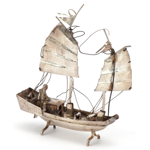 151 - Jack Hing, sterling silver study of a junk in full sail, 8.5cm high, 33.3g