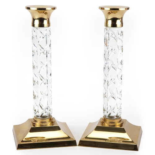 495 - Pair of gold plated Waterford Crystal candlesticks, 27.5cm high