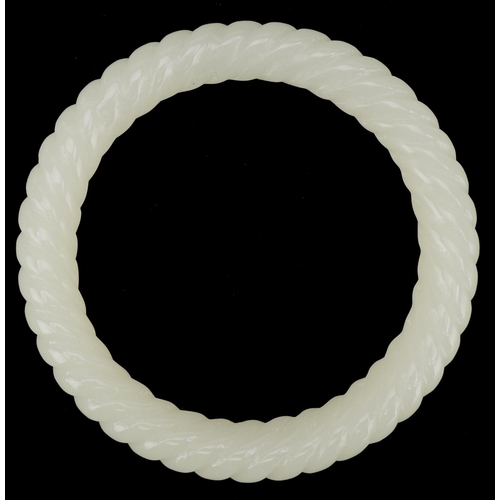 3136 - Chinese jade rope twist design bangle, 8cm in diameter, 42.5g