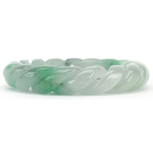 3111 - Chinese green jade rope twist design bangle, 8.5cm in diameter, 93.0g