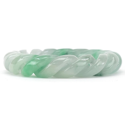 3111 - Chinese green jade rope twist design bangle, 8.5cm in diameter, 93.0g