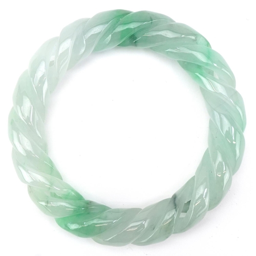 3111 - Chinese green jade rope twist design bangle, 8.5cm in diameter, 93.0g