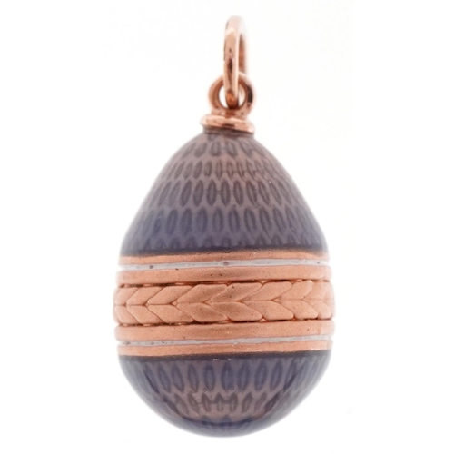 3168 - 14ct gold blue guilloche enamel egg pendant, impressed Russian marks, 2.5cm high, 2.8g