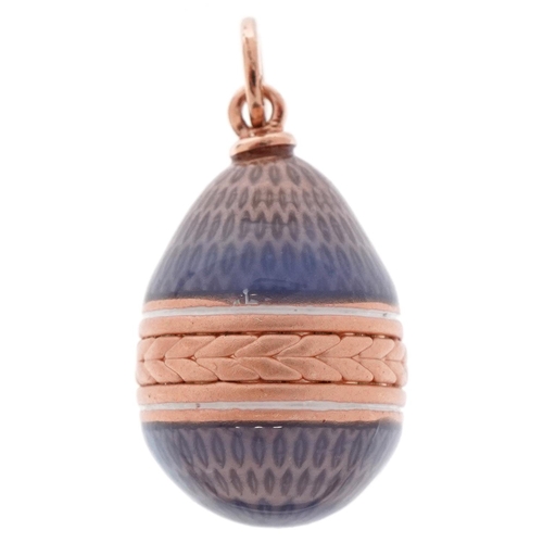 3168 - 14ct gold blue guilloche enamel egg pendant, impressed Russian marks, 2.5cm high, 2.8g