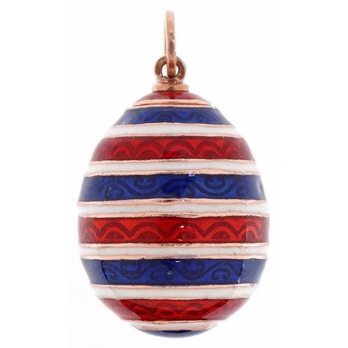 3211 - 14ct gold red, blue and white guilloche enamel egg pendant, impressed Russian marks, 3.1cm high, 12.... 