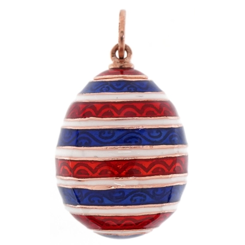 3211 - 14ct gold red, blue and white guilloche enamel egg pendant, impressed Russian marks, 3.1cm high, 12.... 