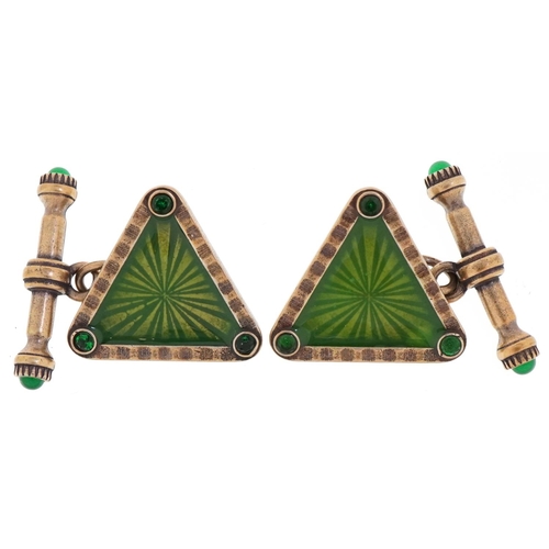 3046 - Pair of silver gilt green guilloche enamel cufflinks, impressed Russian marks, each 2cm in length, t... 