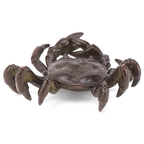 301 - Japanese patinated bronze okimono of a crab, 6cm wide