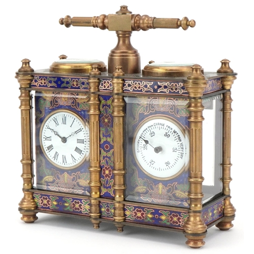 228 - Champlevé enamel brass travelling timepiece with clock and barometer, 13cm wide