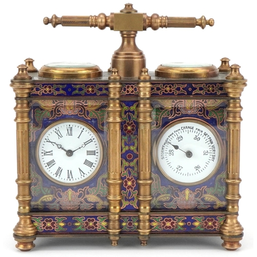 228 - Champlevé enamel brass travelling timepiece with clock and barometer, 13cm wide